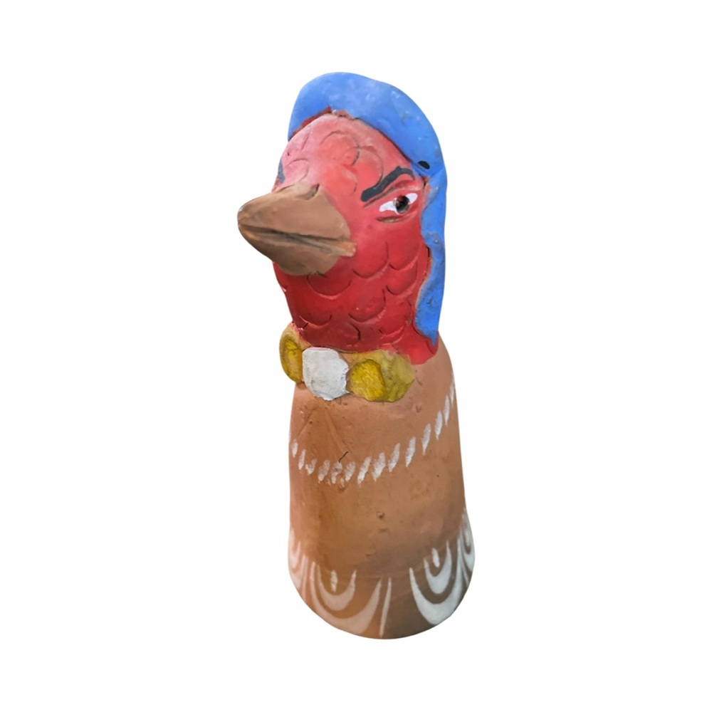 Vintage Mexican Folk Art Clay Red Chicken Handpainted Hand Bell - Oaxaca, Mexico
